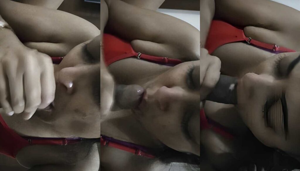Xnxx Cute Girlfriend in Red Bra Giving Handjob and Licking Lover Cock